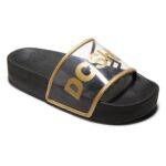 DC PLATFORM SUEDE SLIDER SANDALS BLACK GOLD