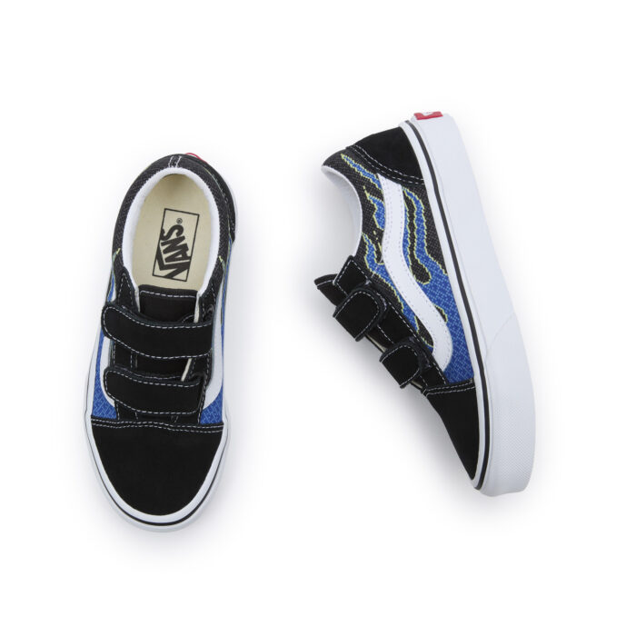 VANS KIDS OLD SKOOL V SHOES PIXEL FLAME BLACK BLUE - Image 2