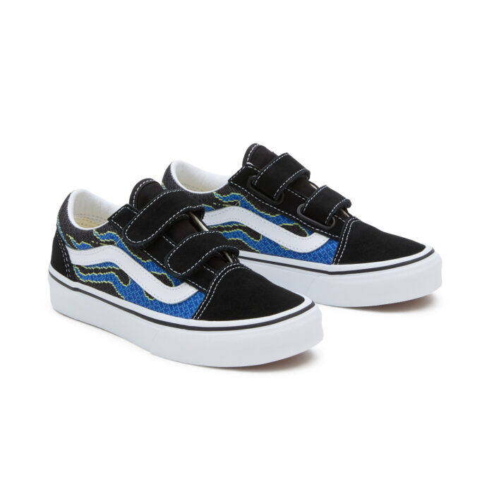 VANS KIDS OLD SKOOL V SHOES PIXEL FLAME BLACK BLUE - Image 7