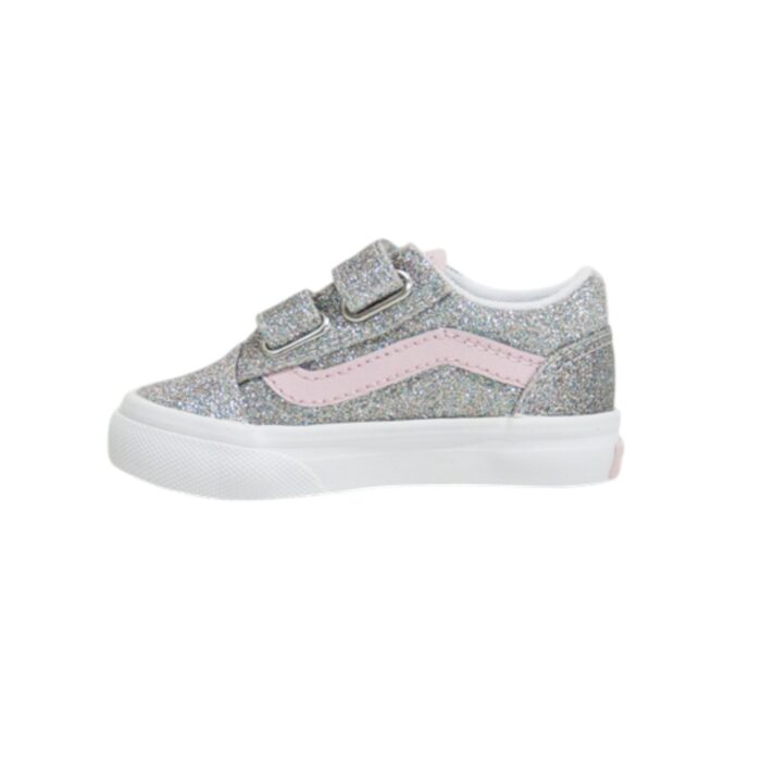 VANS TODDLER OLD SKOOL V SHOES GLITTER SILVER PALE PETAL - Image 2