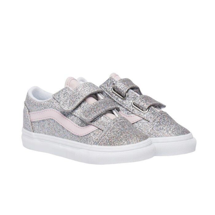 VANS TODDLER OLD SKOOL V SHOES GLITTER SILVER PALE PETAL - Image 5